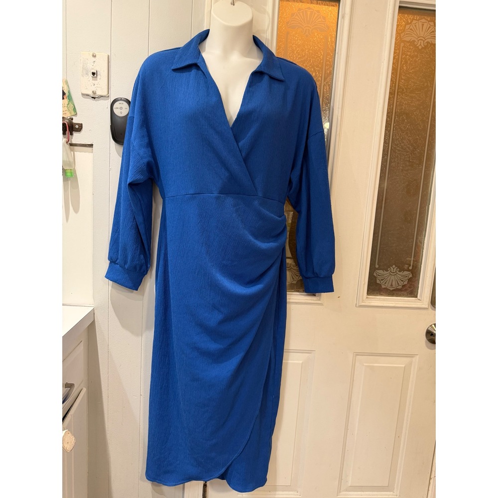 ASOS DESIGN Curve Blue Crinkle Wrap Midi Dress Long Sleeve Sz 14 NWT